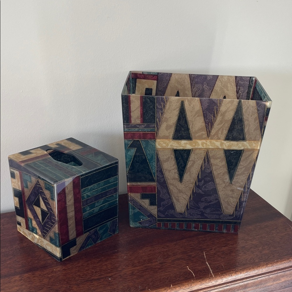 VINTAGE 90s Sandstone Aztec Geometric Tissue Box trash can Set bath office